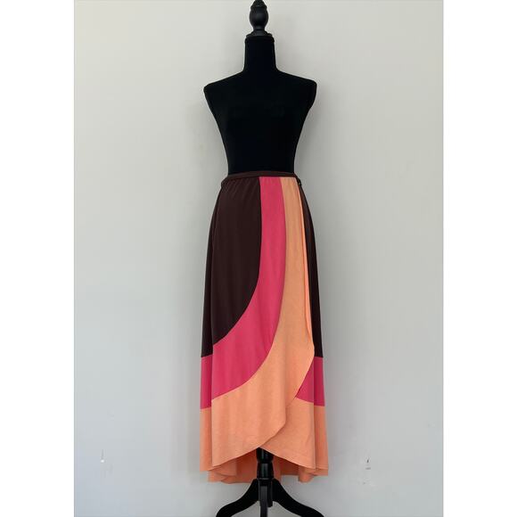 Vintage bebe Sz Medium Wrap Maxi Skirt/Dress Brown Pink Orange Block Stripe - Picture 2 of 9